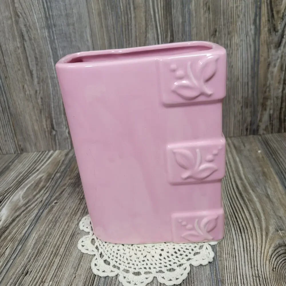 Vintage FPCO Pink Ceramic Vase 1950s MCM Rectangular Planter Leaf Sprig Pottery - Picture 2 of 7